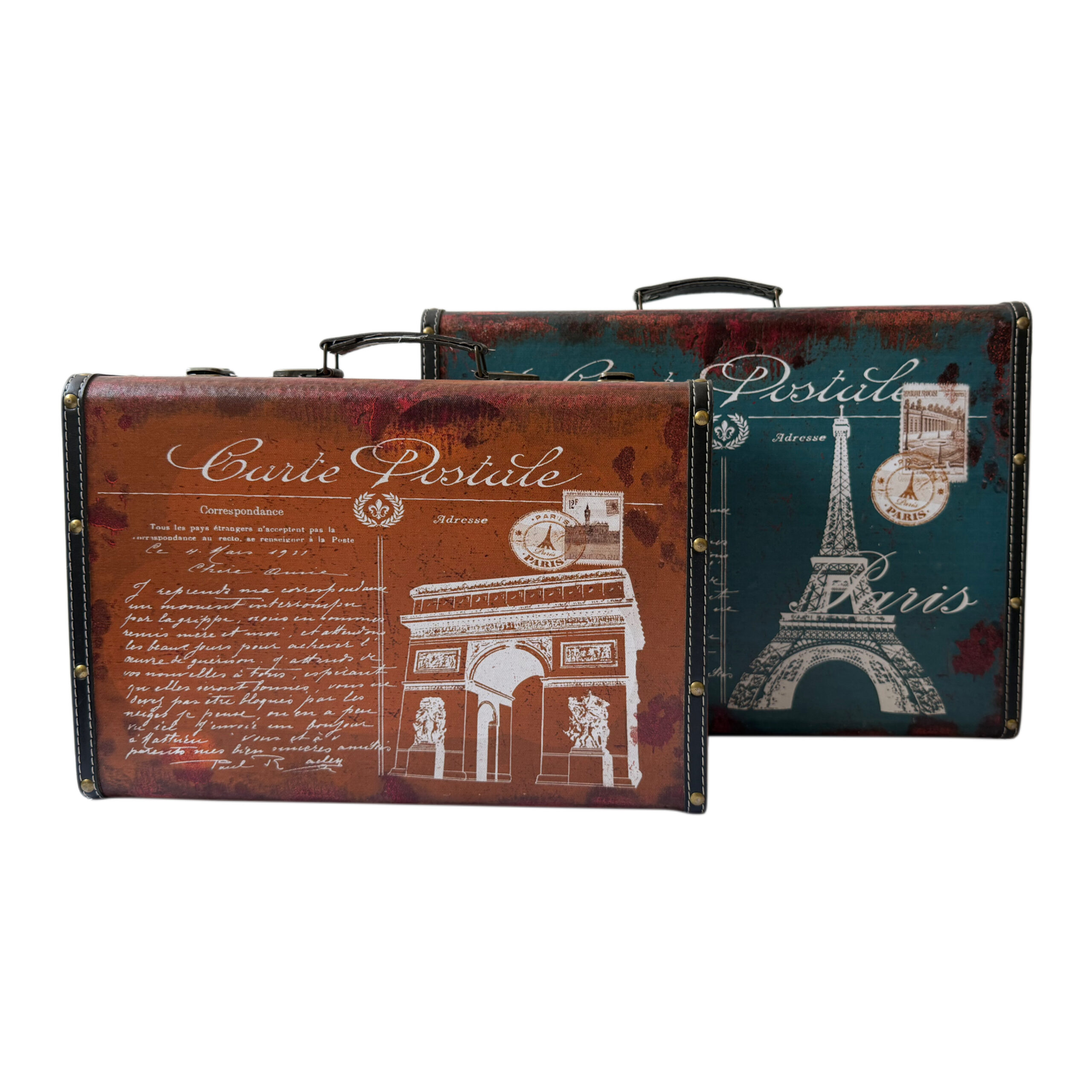 Maletas de madera set/2 con diseño Arco de Triunfo y París color café con azul
