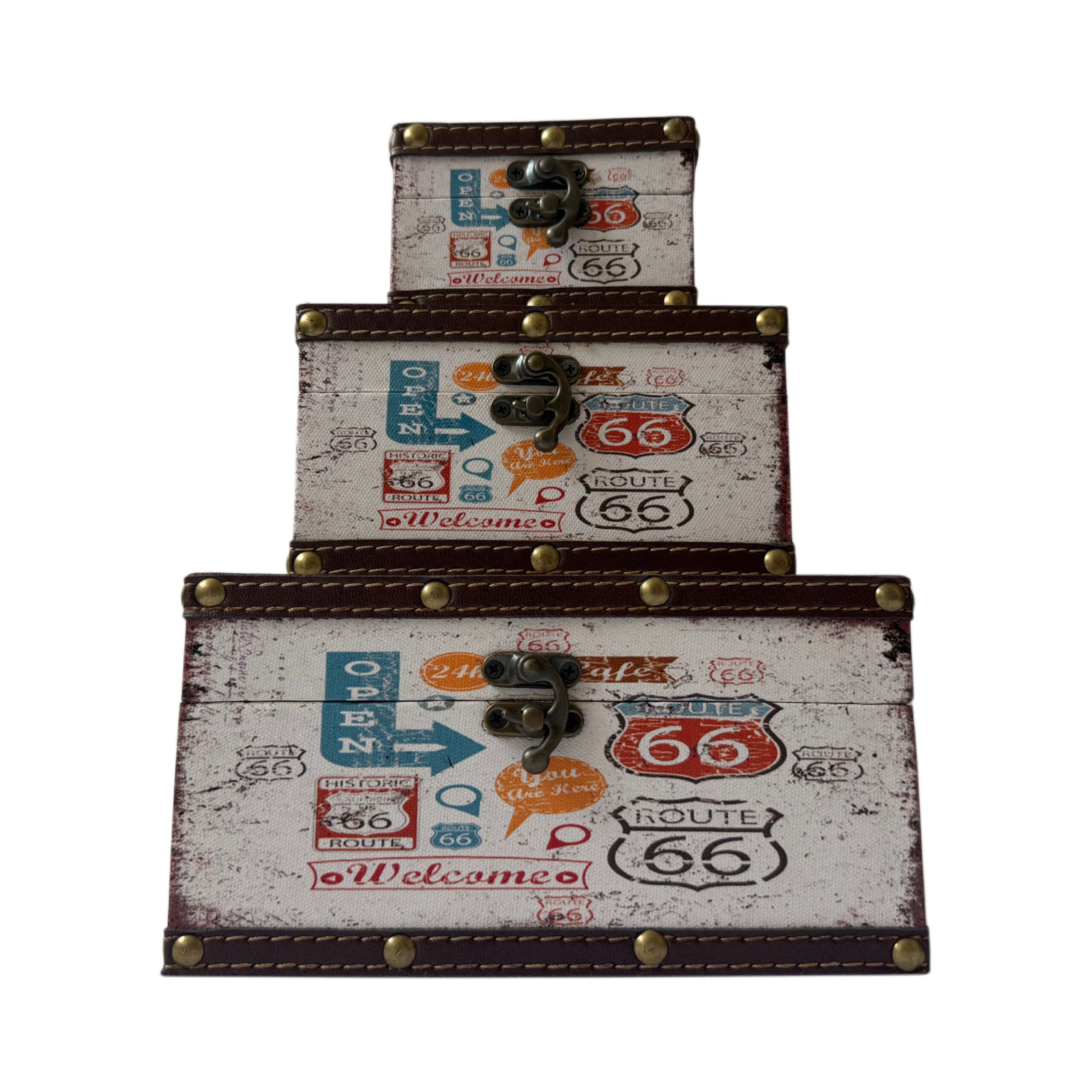 Cajas de madera set/3 con diseño de ruta 66 color blanco
