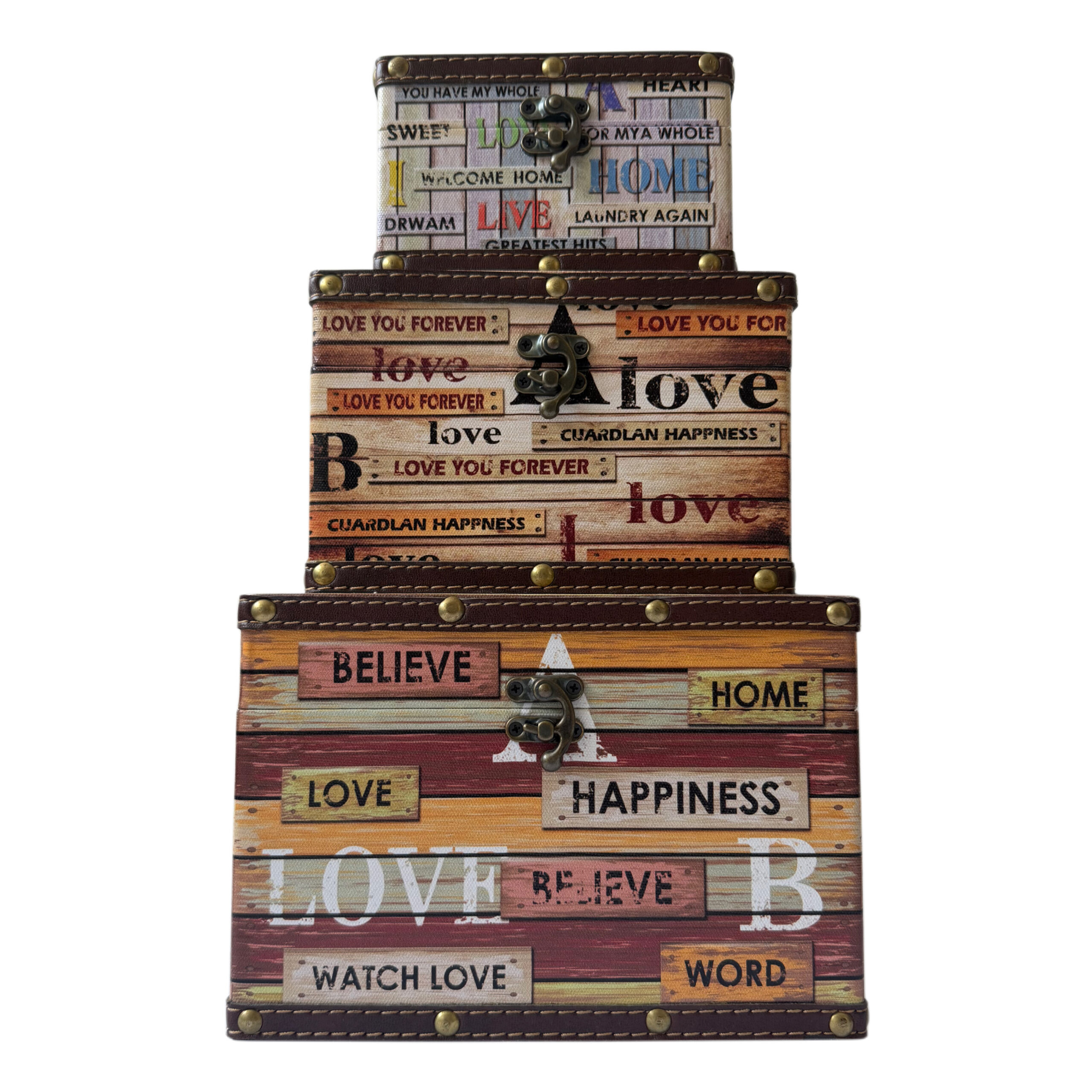 Cajas de madera set/3 con diseño de frases