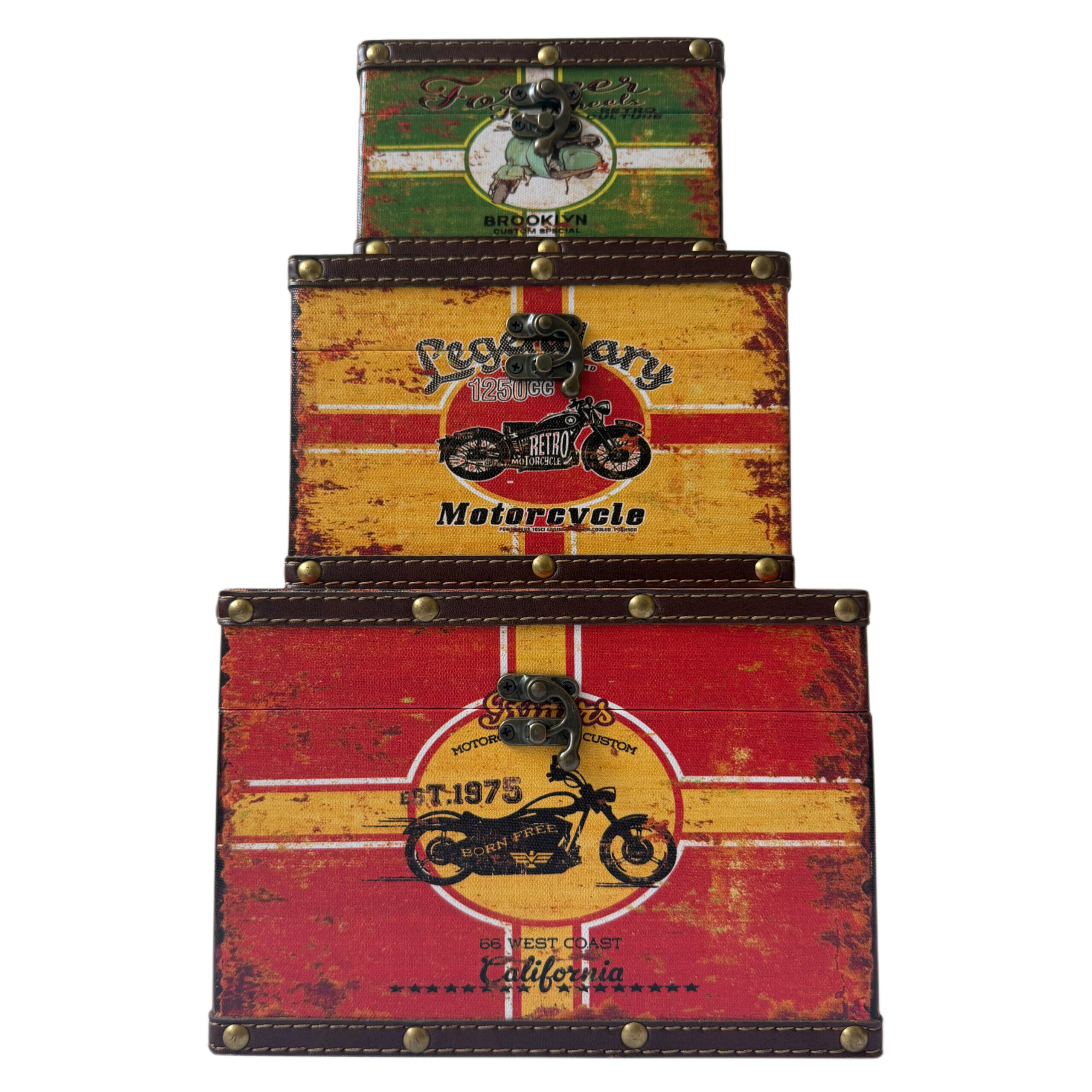 Cajas de madera set/3 con diseño de moto color verde, amarillo y rojo