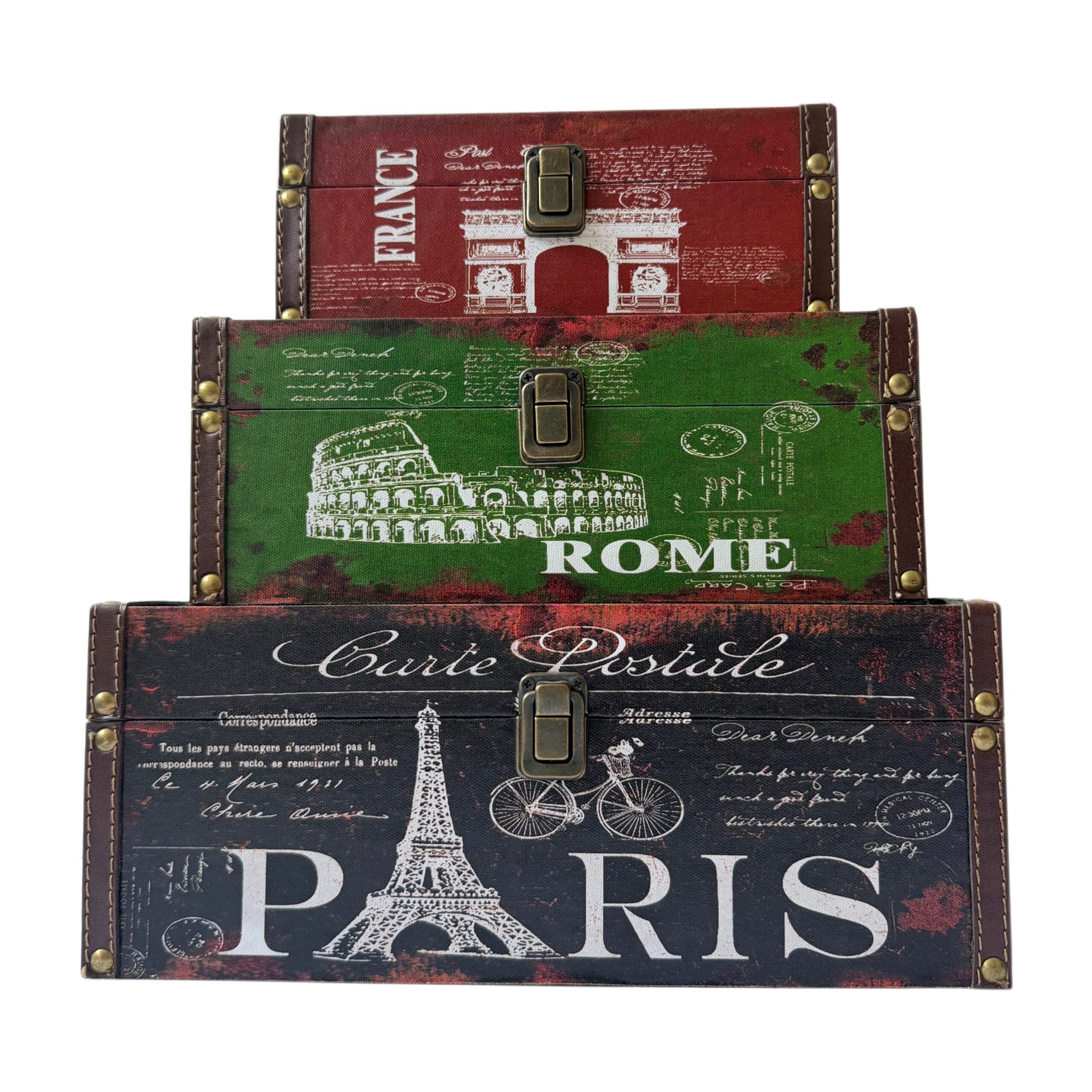 Cajas de madera set/3 con diseño Roma, París y Arco del Triunfo color rojo, verde y negro